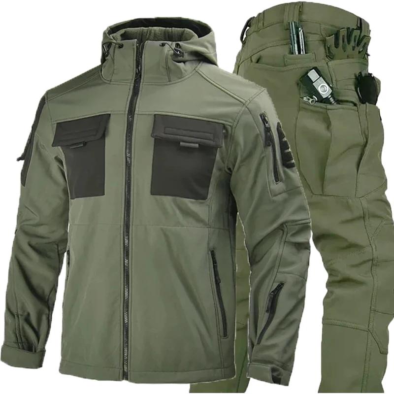 남성용 전술 소프트 쉘 후드 카모 재킷, 두꺼운 방수 방풍 하이킹 코트, 멀티 포켓 밀리터리 재킷